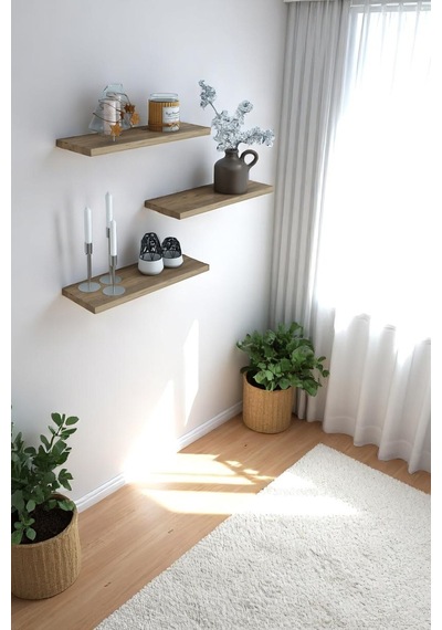 3'lü Uçan Raf Modern Duvar Rafı Iskandinav Gizli Raf Dekoratif Kitap Rafı Biblo Rafı Çam 30x12 Cm Atlantik Çam