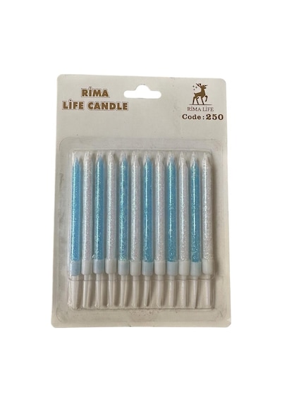 Doğum Günü Parti Süs Pasta Mumu - Simli Mavi - Beyaz - 8 Cm. - 12 Adetlik Paket