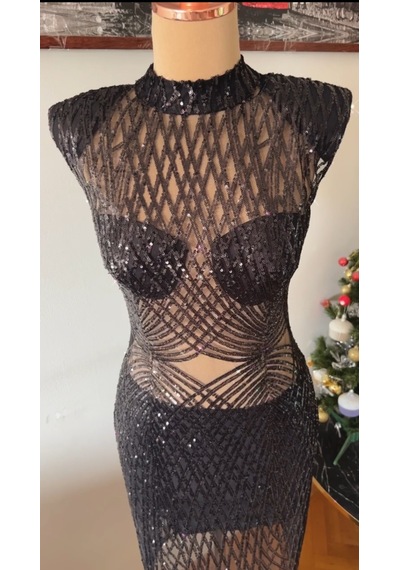 Chica Rosa Fashion Siyah Pullu Vatkalı Chica Elbise Siyah