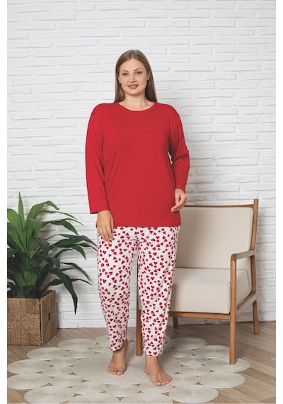 Büyük Beden Uzun Kollu Leopar Desen Milan Pijama Takımı Kırmızı
