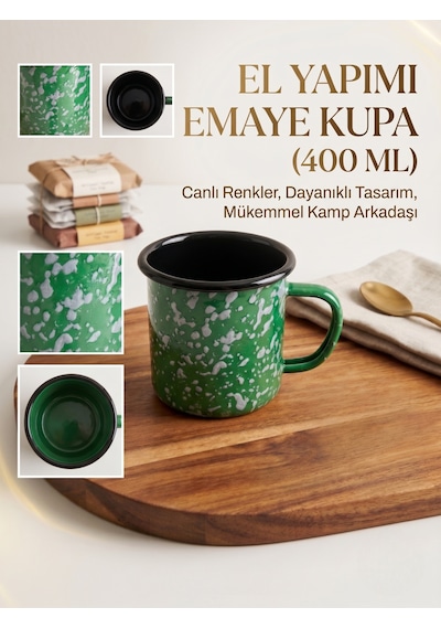 Galaksi Serisi Kobalt Mavi Sarı Sıçratmalı Retro Emaye Kamp Kupası 400 Ml Yeşil