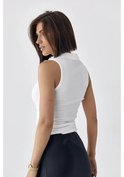 Park Karon Polo Yaka Kolsuz Basic T-shirt Ekru