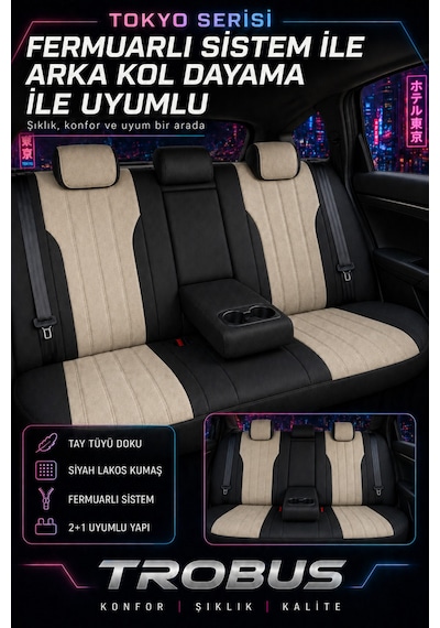 Fiat Albea 2002-2012 Bel Destekli Tay Tüyü Koltuk Kılıfı Tokyo Serisi Bej Siyah