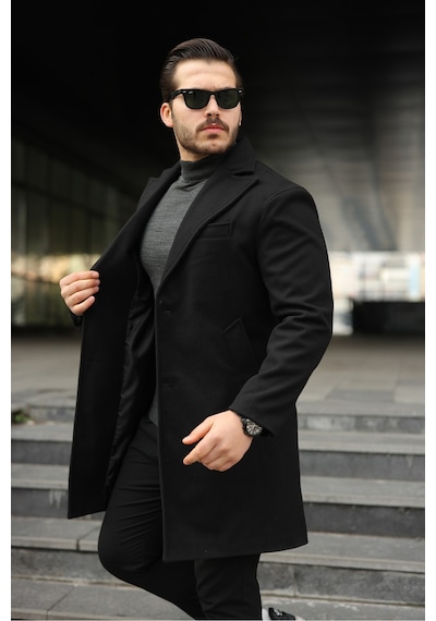 Slim Fit Astarlı Uzun Kaşe Kaban Siyah