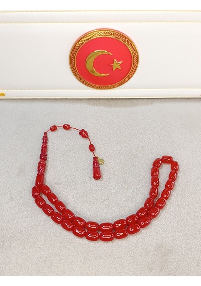 Sıkma Kehribar Tesbih Kırmızı Renkli
