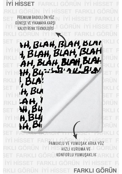 Blah Yazı Temalı Modern Siyah Beyaz Plaj Havlusu - Minimalist Tipografik Hızlı Kuruyan Havlu Örtü Bulut Yasemin