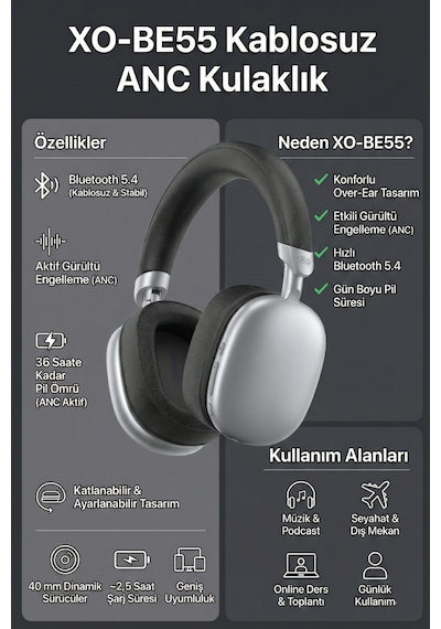 Xo BE55 Bluetooth 5.4 Katlanabilir Kulak Üstü Kulaklık