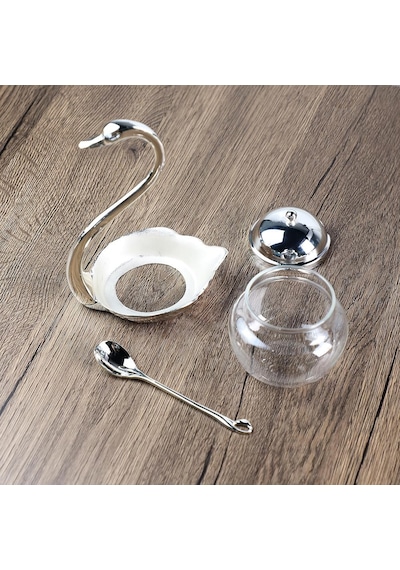 Lüks Kuğu Tasarımlı Cam Şekerlik Dekoratif Baharatlık Bal Kavanozu Sunumluk Metal Standlı Set Diğer