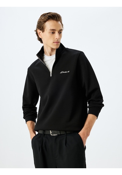 Koton Yarım Fermuarlı Basic Pamuk Karışımlı İnterlok Kumaş Atatürk Sweatshirt Siyah 5wam70219mk Siyah