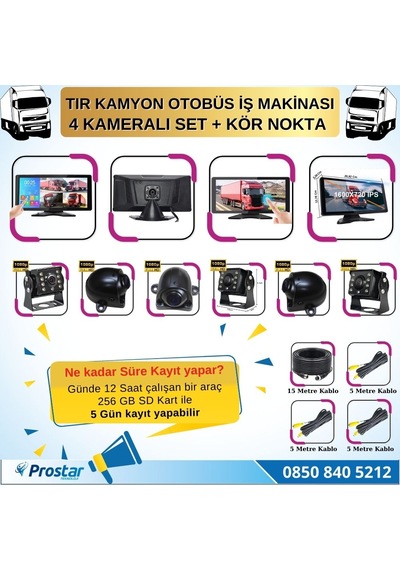 Tır Ve Kamyon 10.36&quot Dokunmatik 4 Kameralı 256 Gb Destekli Kör Nokta Uyarı Sistemli Kamera Seti