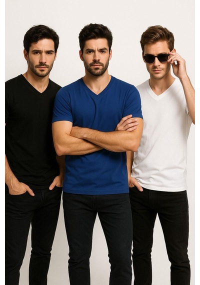 Rich Erkek 3'lü Paket Kısa Kollu %100 Pamuk V Yaka T-shirt Lacivert