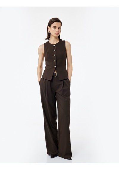 Koton Slim Fit Bisiklet Yaka Düğmeli Peplum Blazer Yelek Kahverengi 7wak20005pw Kahve