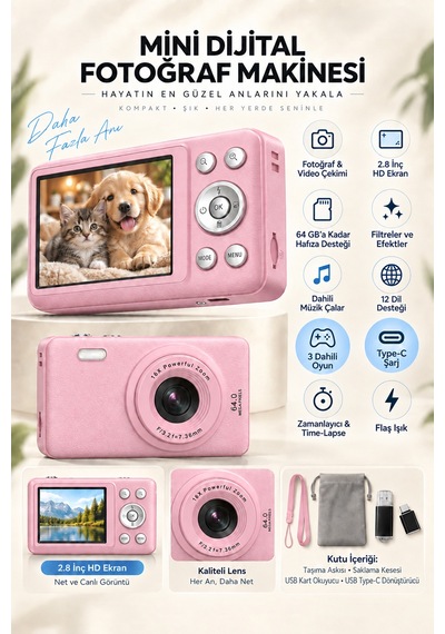 Mimtec Blm-105 Mini Dijital Fotoğraf Makinası - 2.8" Hd Ekran 12 Farklı Dil Seçenekli Dijital Video Kamera Pembe
