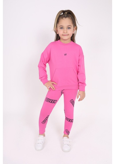 Toontoy Kız Çocuk 2'li Takım Baskılı Bisiklet Yaka Düşük Omuz Cepli Sweatshirt & Basic Düz Tayt Fuşya