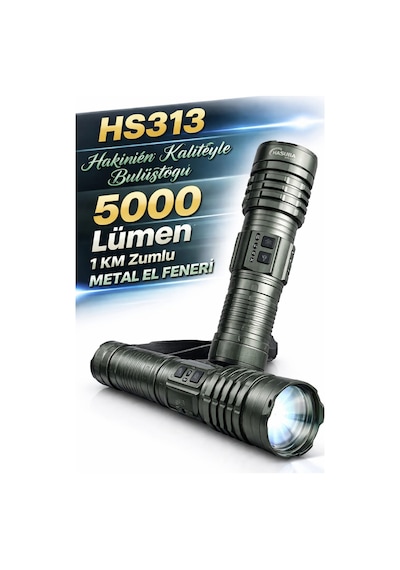 Hasuba Hs313 5000 Lümen Şarj Edilebilir Zoomlu Metal El Feneri - 1 Km Menzilli Siyah