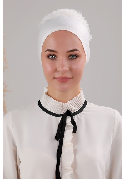 Melodi Scarf Kadın Tesettür 3'lü Fırfırlı Dikişli Bone Ekru Ekru