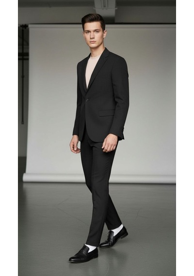 Erkek Tek Düğme Slim Fit Takım Elbise - Şık Ofis ve Davet Kombini Siyah