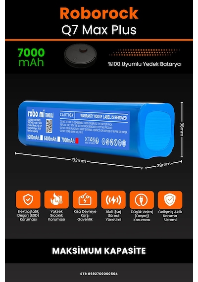 Roborock Q7 Max Plus 7000mah Uyumlu Robot Süpürge Bataryası - Shrink - Maksimum Kapasite