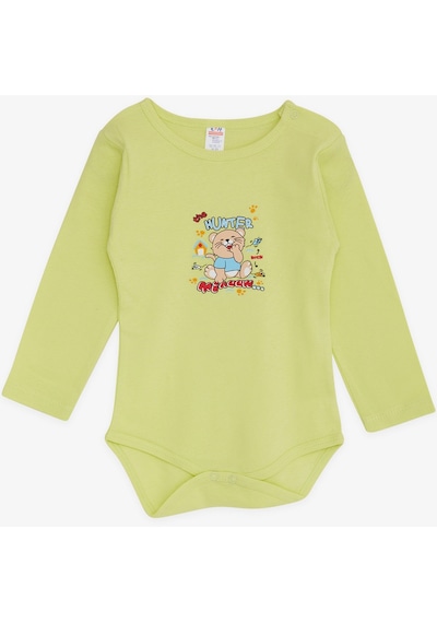 Breeze Erkek Bebek Çıtçıtlı Body Avcı Kedicik Baskılı 9 Ay-3 Yaş, Fıstık Yeşili Fıstık Yeşili