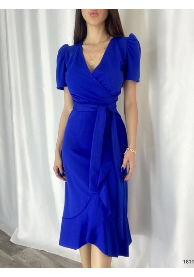 Defymoda Kadın Kruvaze Yaka Midi Boy Kuşaklı Krep Elbise 120 Cm Saks Mavi