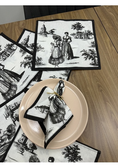 Toile De Jouy Paris Amerikan Servis 6 Lı Set 30x30 Cm %100 Pamuk Dijital Baskılı Klasik Fransız Tarzı Masa Dekoru - Zt720 Siyah