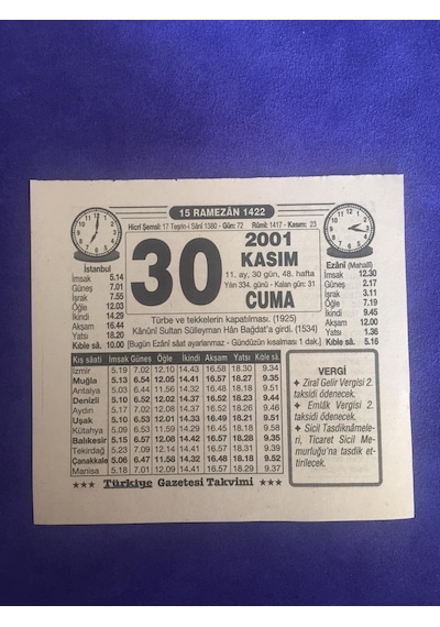 30 Kasım 2001 Takvim Yaprağı - Nostalji Koleksiyonluk Takvim Yaprağı B