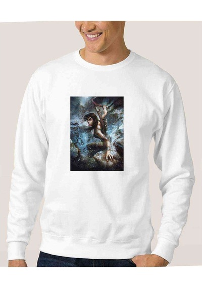 Tomb Raider Lara Croft Baskılı Beyaz Erkek Örme Sweatshirt