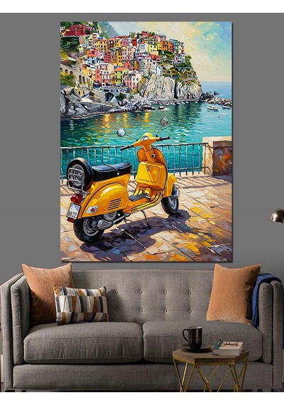 Ahşap Tablo Sahilde Sarı Klasik Scooter