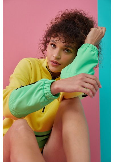 Tommy Life Limon Etek Ucu Büzgülü Yarım Fermuarlı Oversize Kadın Polar Sweatshirt - 97238 Limon Sarısı
