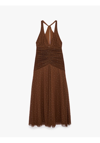 Koton Derin V Yaka Kolsuz Drapeli Bodycon Tüllü Taşlı Abiye Elbise Kahverengi 6sak80079fk Kahve