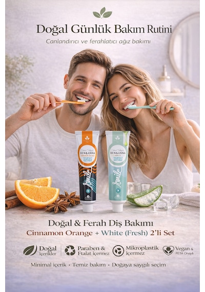 Ben & Anna White + Cinnamon Orange Doğal Diş Macunu Seti 75 Ml X 2 Vegan, Florürlü, Paraben İçermez Çürük Önleyici