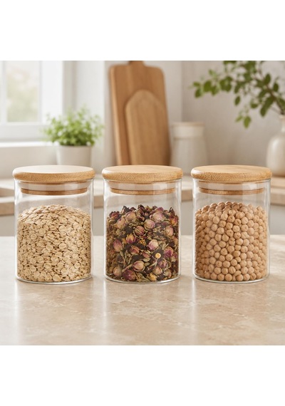 3'lü 300 Ml Bambu Kapaklı Cam Kavanoz Seti, Silikon Contalı Şeffaf Baharatlık Ve Saklama Kabı, Çay Kahve Şeker Baharat Kuruyemiş Kavanozu Çok Renkli