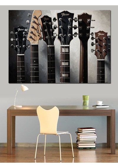 Ahşap Tablo Müzik Enstrümanları Gitarlar Yakın Çekim