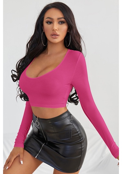 Epilons Zenvial Kadın Fuşya Uzun Kol Kare Yaka Crop Top Bluz Zenviall2