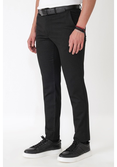 Slim Fit Yan Cepli Esnek Yünlü Siyah Çizgili Pantolon P 1236