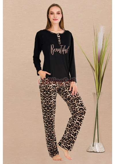 Siyah Renk, Leopar Desenli Lady 11647 Pamuk Viskon Kadın Uzun Kol Pijama Takımı Siyah - Sarı