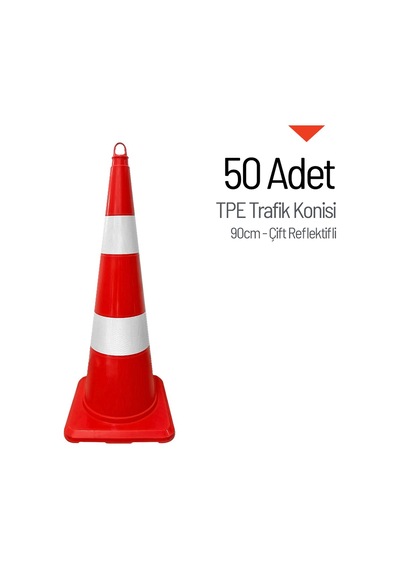 50 Adet Tpe Trafik Konisi 90 Cm Çift Reflektifli Trafik Dubası Seti-3726