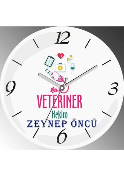 Kişiye Özel Veteriner Hekim Çap 30cm Sessiz Akar Bombeli Gerçek Cam Duvar Saati Çok Renkli