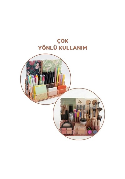 Rose Gold Metal Mesh Masaüstü Organizer Çok Bölmeli 27x14x11 Cm Genel