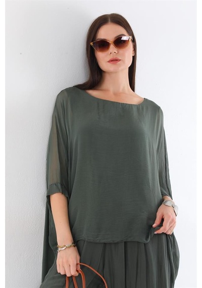 Bohem Stil İtalyan Yarasa Kol İpek Bluz & Pantolon Takım-8767 Koyu Haki