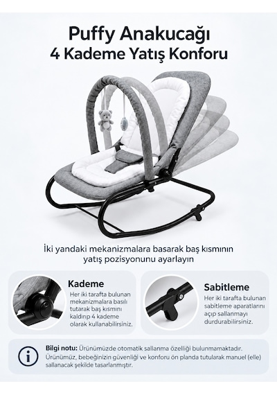 Puffy Keten Anakucağı - Hazır Kurulu Gelir- Sallanır - 4 Kademe - Anadizi Sabitlenebilir-gri