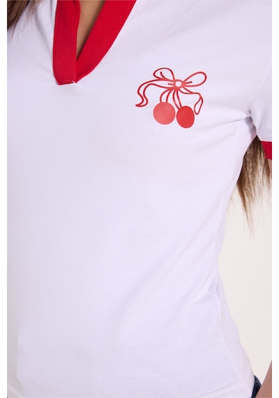 Tudors Kadın Slim Fit Dar Kesim Kısa Kollu Baskılı Omzu Şeritli V Yaka Beyaz Tişört Body-52067
