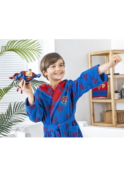 Özdilek Superman Blue Lisanslı Çocuk Havlu Bornoz Seti 7/8 Yaş Mavi