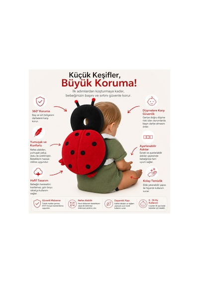 Bebek Baş Koruma Yastığı İlk Adım Düşme Koruyucu Sırt Çantası Ayarlanabilir Askılı Kafa Ve Boyun Koruma Yastığı Uğur Böceği Figürlü Bebek Baş Koruma Yastığı