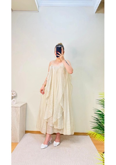 Elora Atelier Büzgülü Askılı Ekru Maxi Boy Elbise Çok Renkli