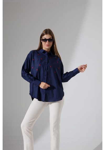 Corradeo Giyim Yeni Sezon Oversize Çizgili Poplin Kumaş Kalp Nakış Detaylı Apoletli Tasarım Gömlek Lacivert