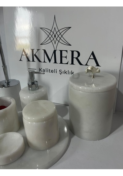 Akmera Elite 7 Parça %100 Gerçek Mermer Banyo Seti Beyaz - Gri
