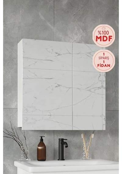 Defne 60x60 Cm Aynalı %100 Mdf Banyo Üst Dolap Beyaz