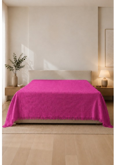 %100 Pamuk Dokuma Pike Çift Kişilik 200x230 Dama Desenli Saçaklı Pike Yatak Örtüsü Pembe