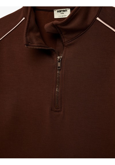 Koton Dik Yaka Uzun Kollu Modal Karışımlı Yarım Fermuarlı Crop Sweatshirt Kahverengi 6skg10224ak Kahve